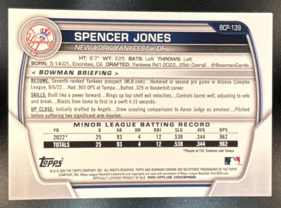 2023 Bowman Spencer Jones Chrome Grass Green /99 #BCP-139 1st Prospect Yankees - Sports Cards