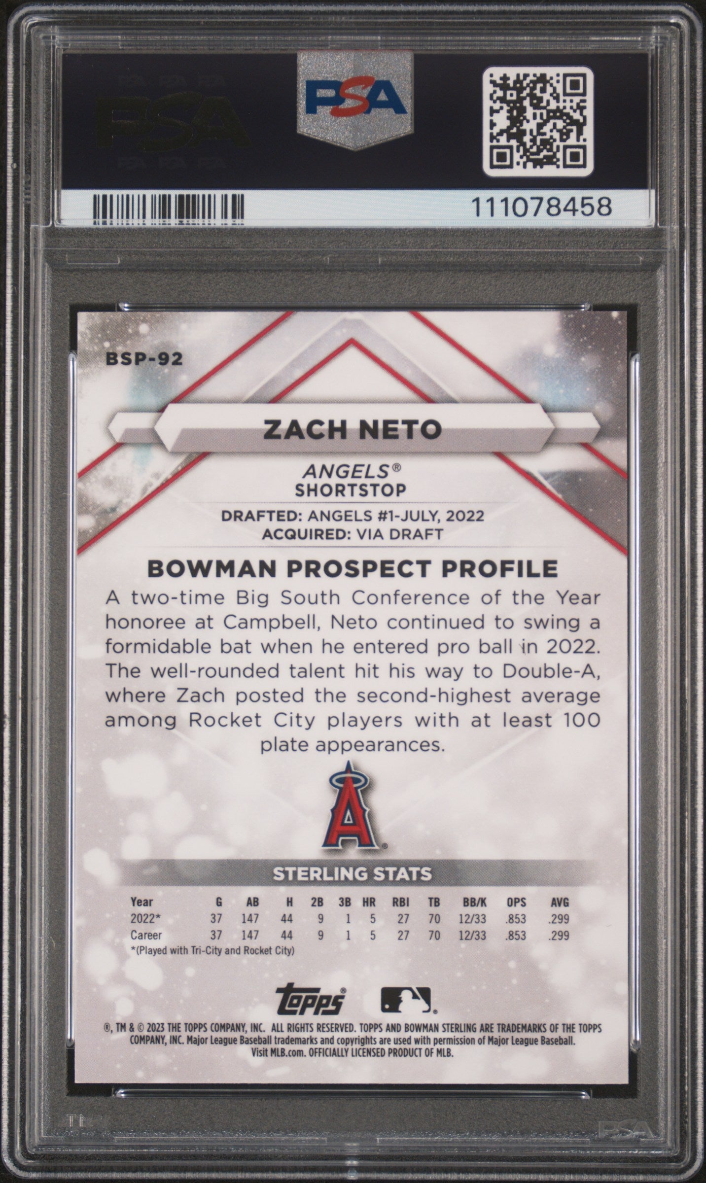 2023 Bowman Sterling Zach Neto Black Lava 04/10 #BSP92 PSA 10 - Graded Sports Cards