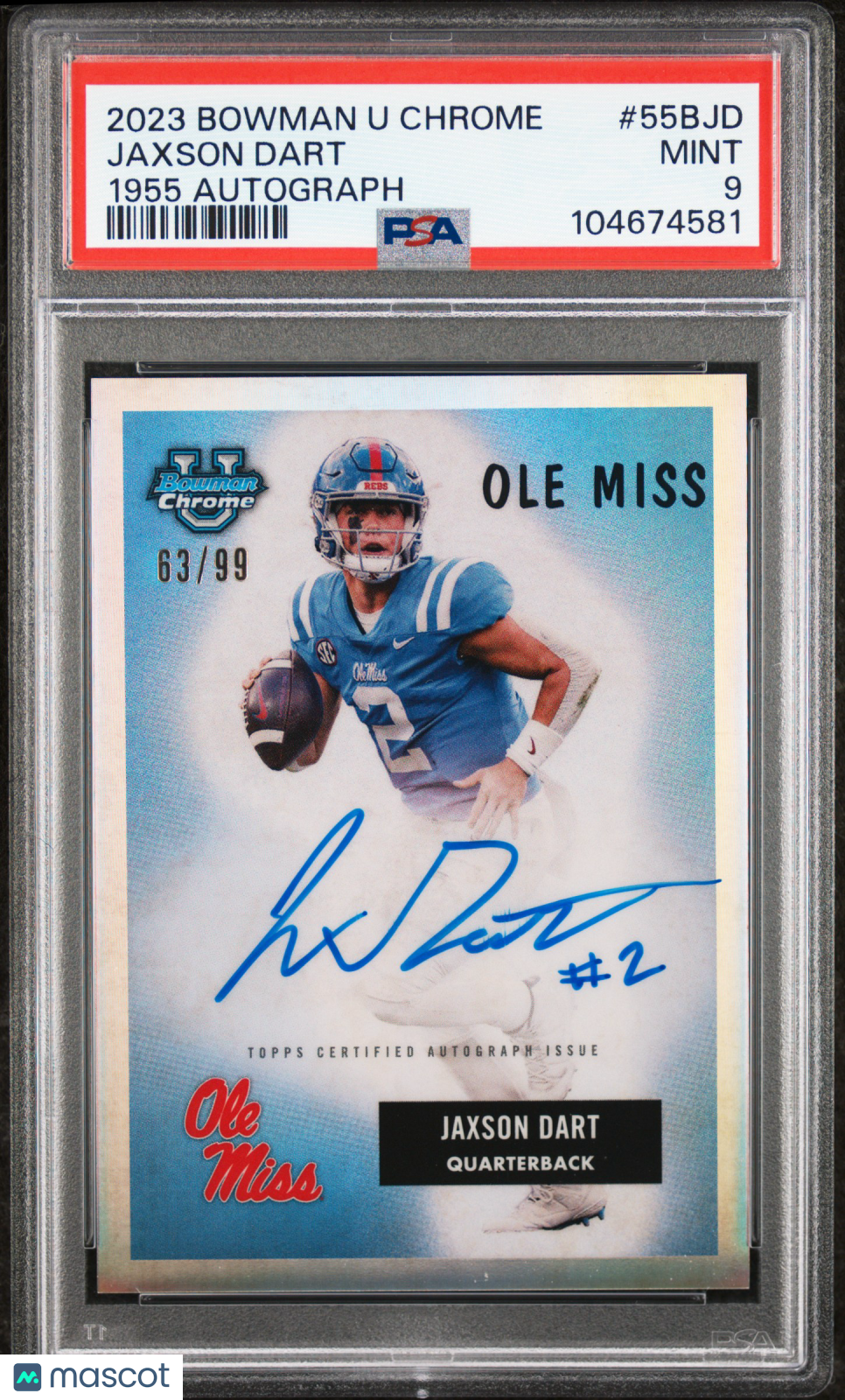 2023 Bowman University Chrome 1955 Bowman Autograph Jaxson Dart 63/99 #55BJD PSA 9 - Graded Sports Cards