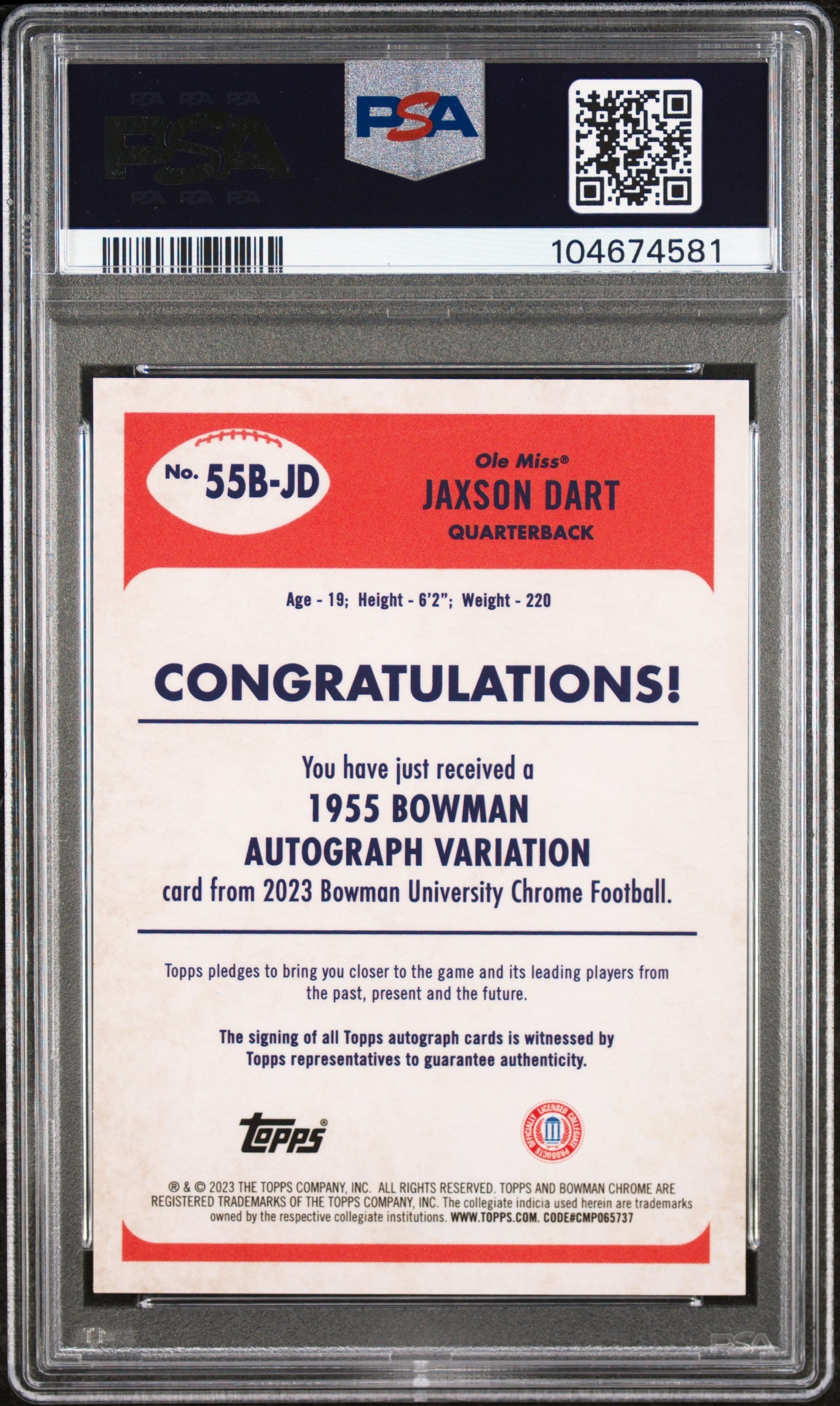 2023 Bowman University Chrome 1955 Bowman Autograph Jaxson Dart 63/99 #55BJD PSA 9 - Graded Sports Cards