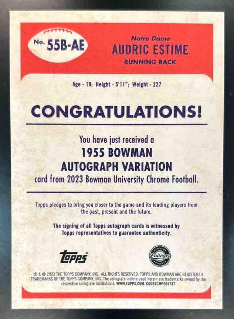 2023 Bowman University Chrome Audric Estime 1955 Football Auto Gold /50 Irish - Sports Cards