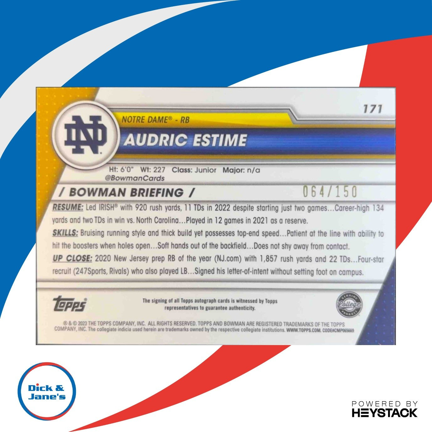 2023 Bowman University Chrome Audric Estime Auto Fuschia Mini Diamond Ref 64/150 - Sports Cards
