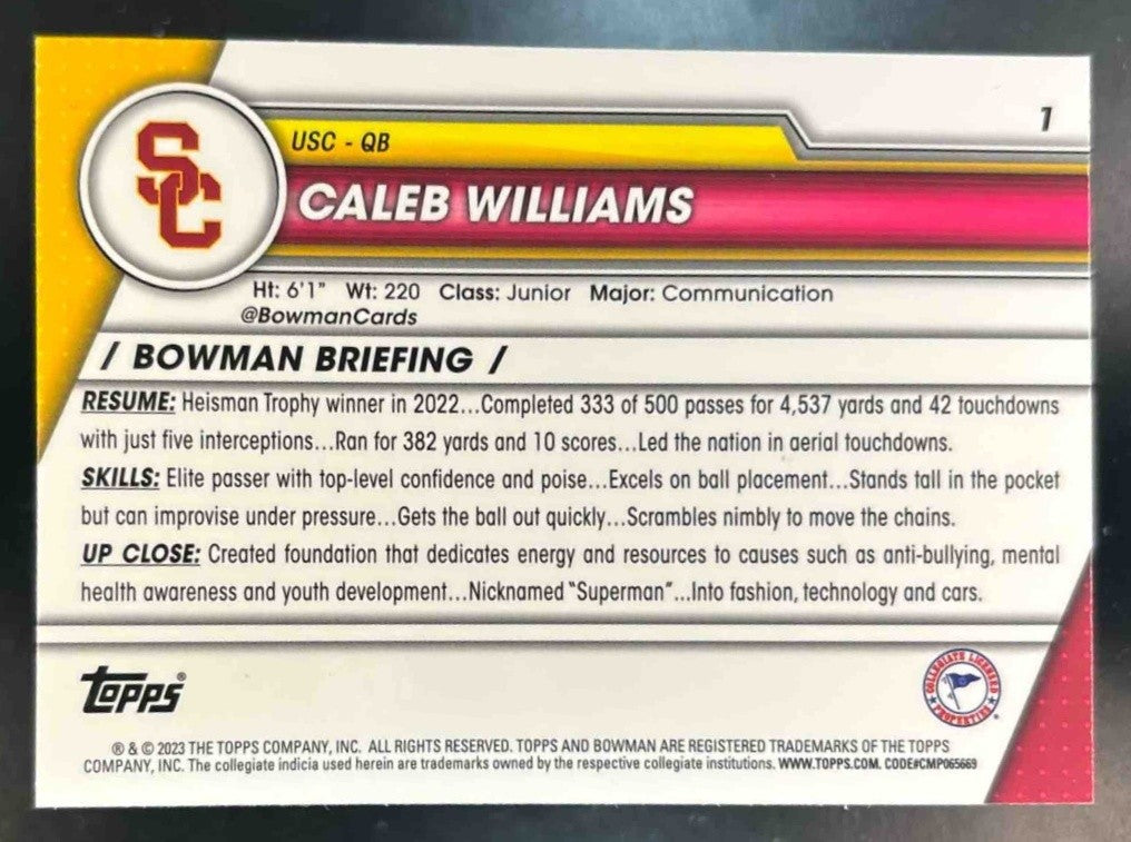 2023 Bowman University Chrome Caleb Williams X Fractor #1 USC Trojans - Sports Cards