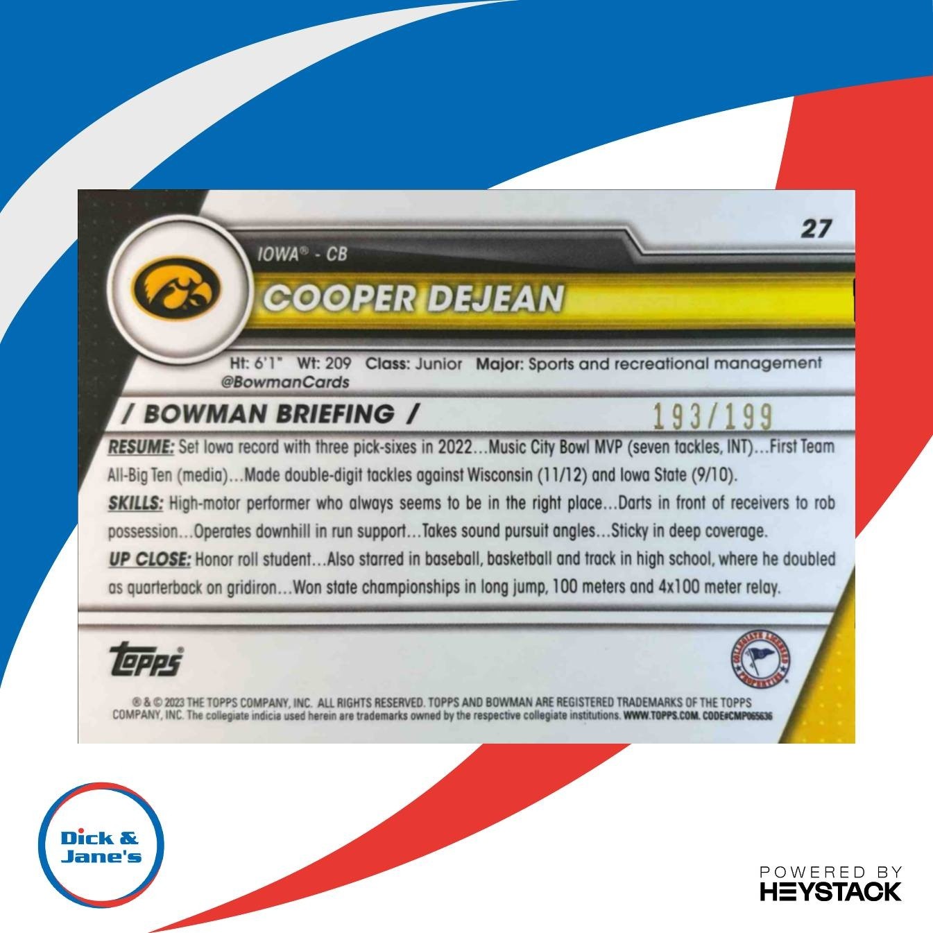 2023 Bowman University Chrome Cooper Dejean Blue Refractor 193/199 #27 Hawkeyes - Sports Cards