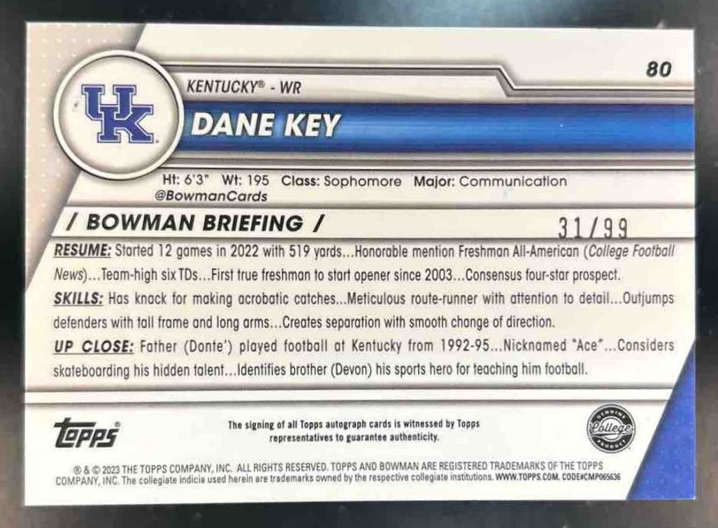 2023 Bowman University Chrome Dane Key Prospect Auto Green /99 #80 Wildcats - Sports Cards