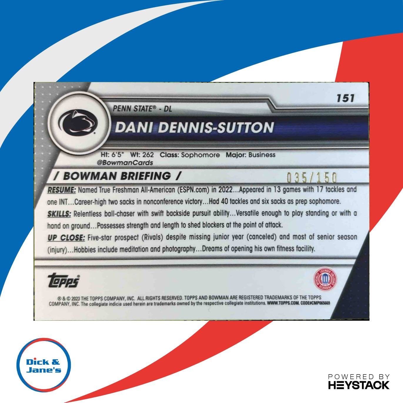 2023 Bowman University Chrome Dani Dennis-Sutton Fuschia Mini Diamond Ref /150 - Sports Cards