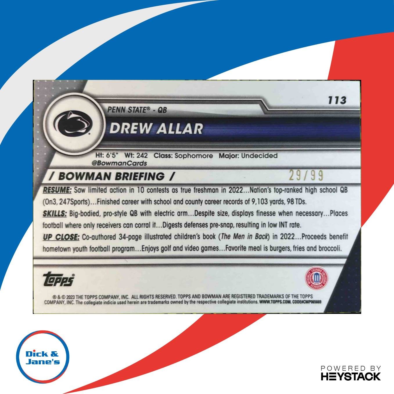 2023 Bowman University Chrome Drew Allar Green Shimmer Refractor 29/99 #113 - Sports Cards