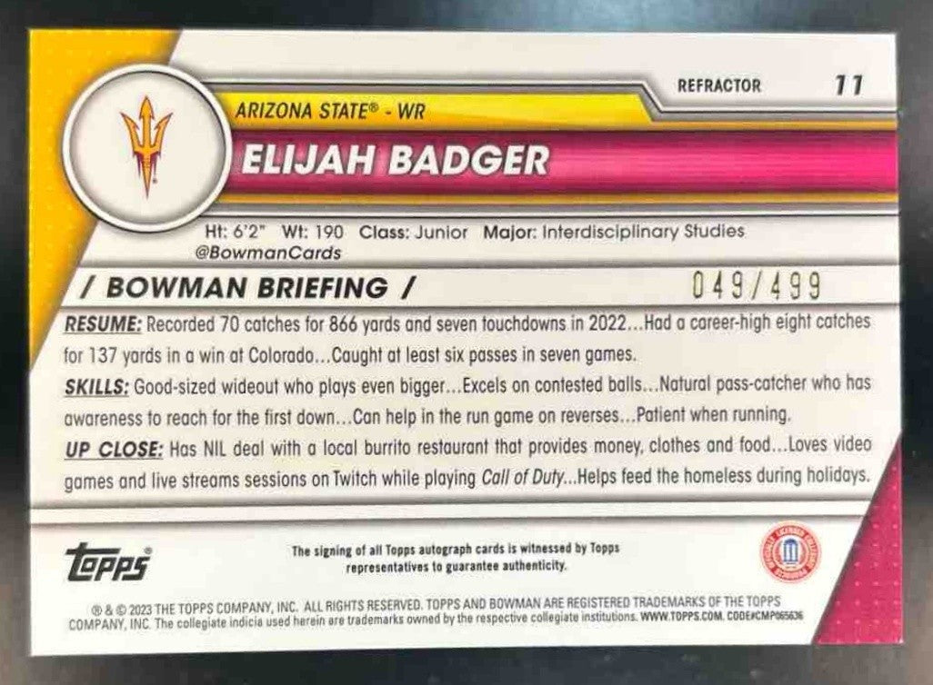 2023 Bowman University Chrome Elijah Badger Prospect Auto Refractor 49/499 #11 - Sports Cards