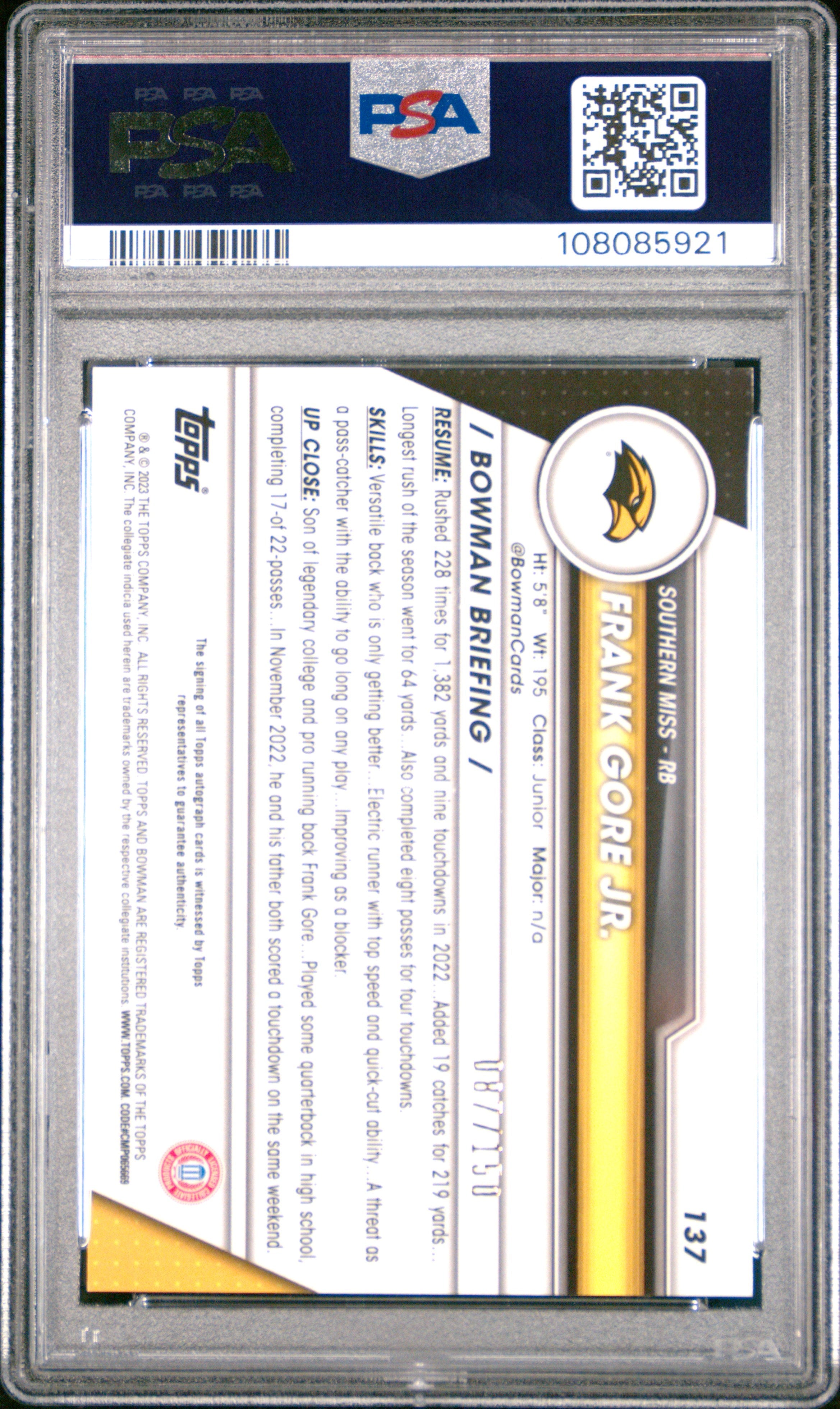 2023 Bowman University Chrome Frank Gore Jr Auto Fuchsia Mini Diamond PSA 10 - Graded Sports Cards