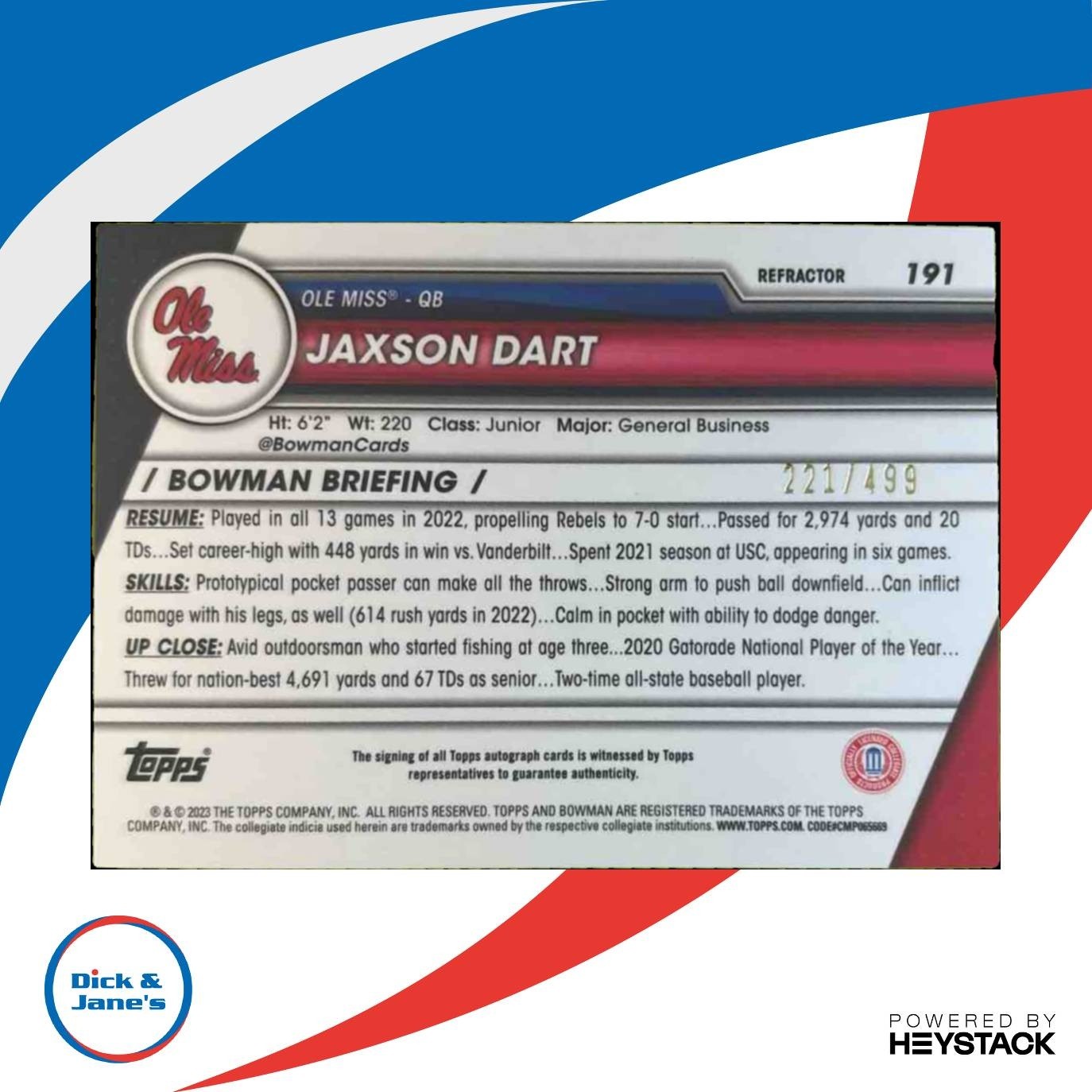2023 Bowman University Chrome Jaxson Dart Auto Refractor /499 Ole Miss Rebels - Sports Cards