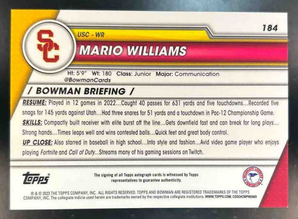 2023 Bowman University Chrome Mario Williams Prospect Auto #184 USC Trojans - Sports Cards