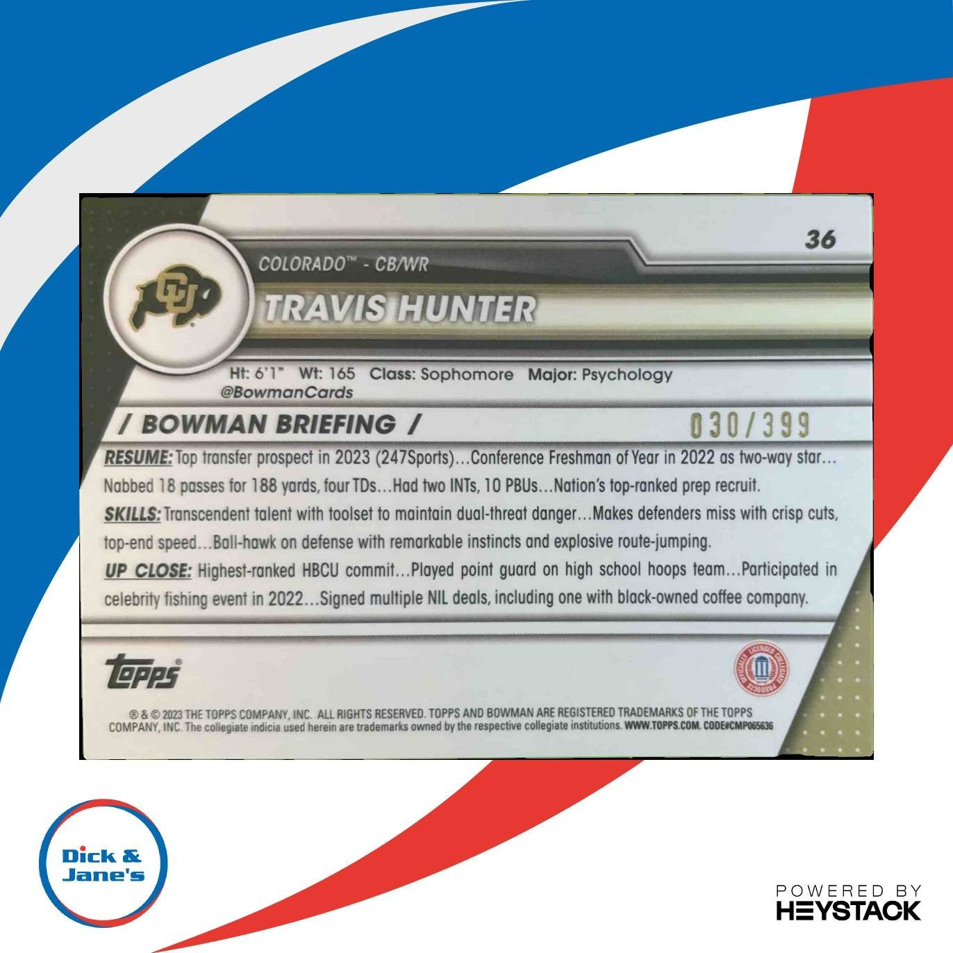 2023 Bowman University Chrome Travis Hunter Purple /399 #36 Colorado Buffaloes - Sports Cards
