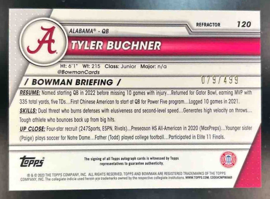 2023 Bowman University Chrome Tyler Buchner Prospect Auto Refractor /499 Crimson - Sports Cards