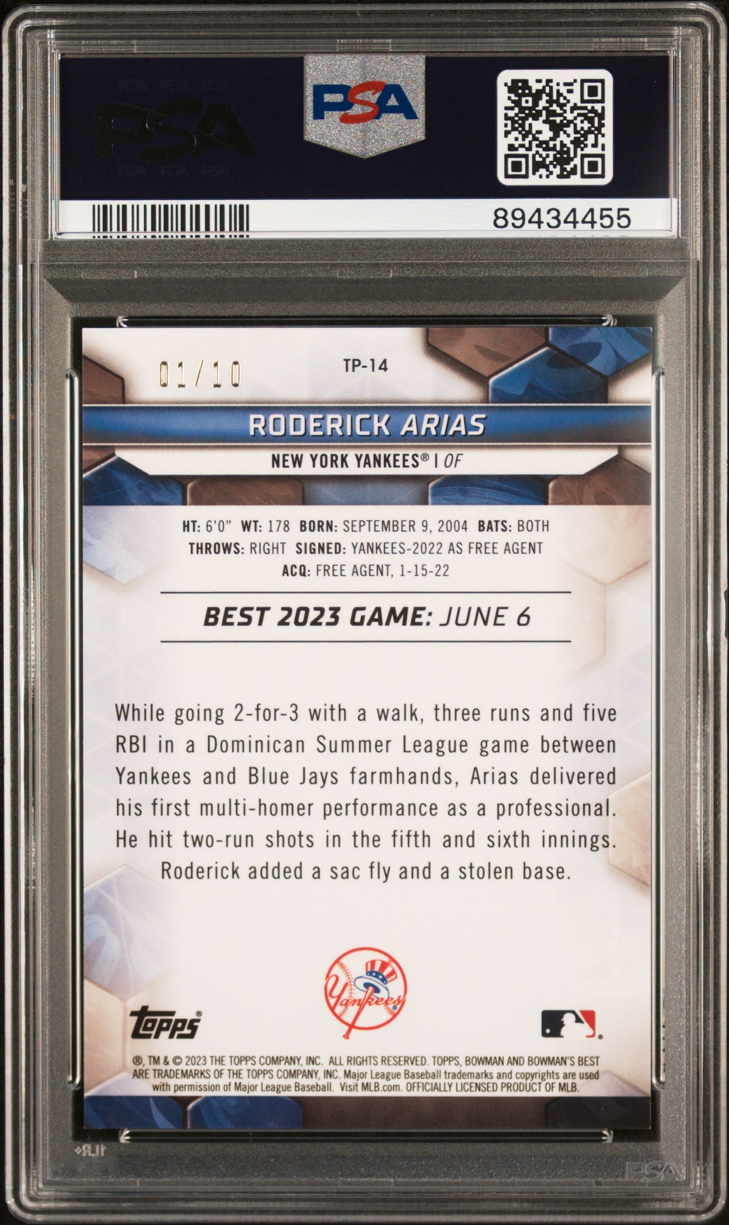 2023 Bowman’s Best Top Prospects Roderick Arias Top Prospects Ref /10 PSA 10 - Graded Sports Cards