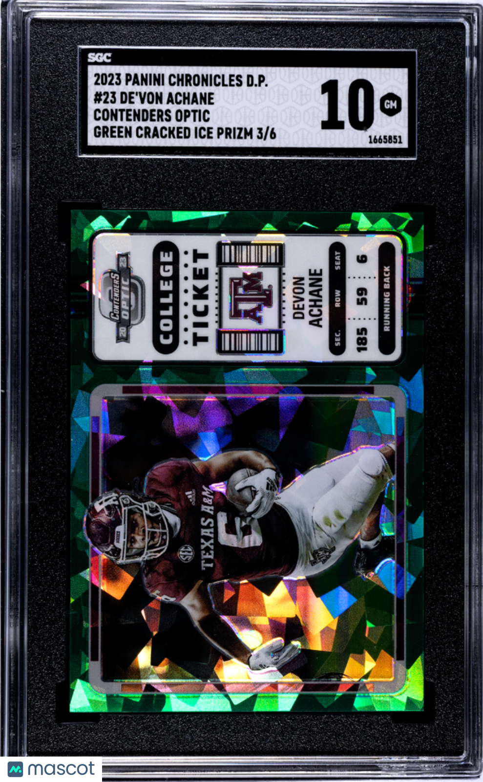 2023 Chronicles Draft De’von Achane 3/6 Optic Green Cracked Ice Prizm SGC 10 GEM - Graded Sports Cards