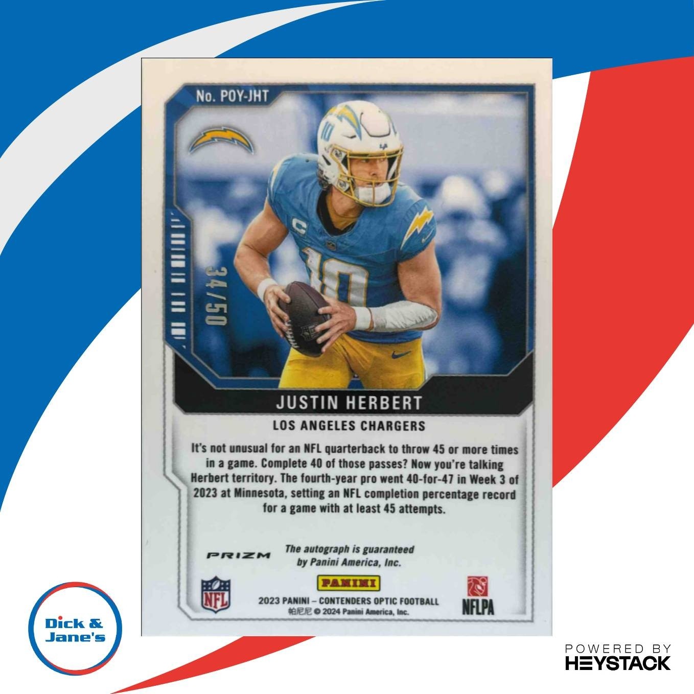 2023 Contenders Optic Justin Herbert Player Of the Year Auto /50 Chargers - Sports Cards