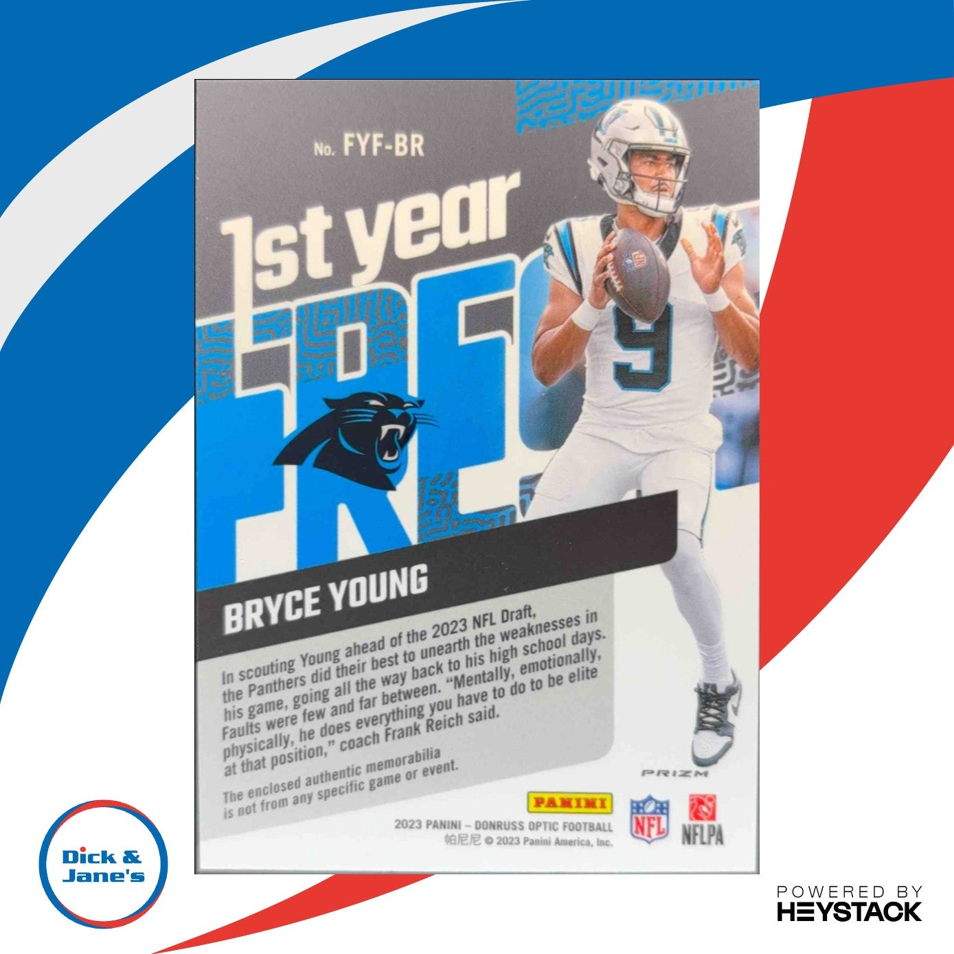 2023 Donruss Optic Bryce Young First Year Fresh Blue Hyper MEM RC Panthers - Sports Cards