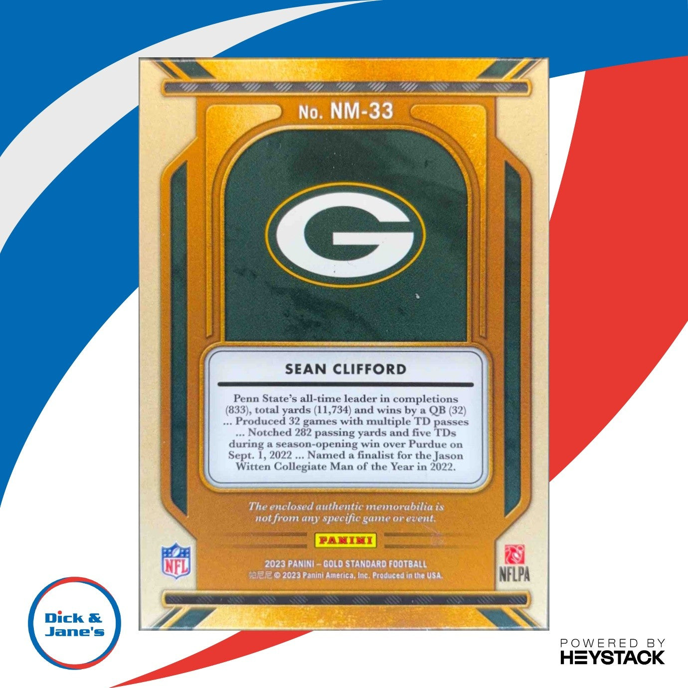2023 Gold Standard Sean Clifford Newly Minted Memorabilia /399 RC Green Bay - Sports Cards