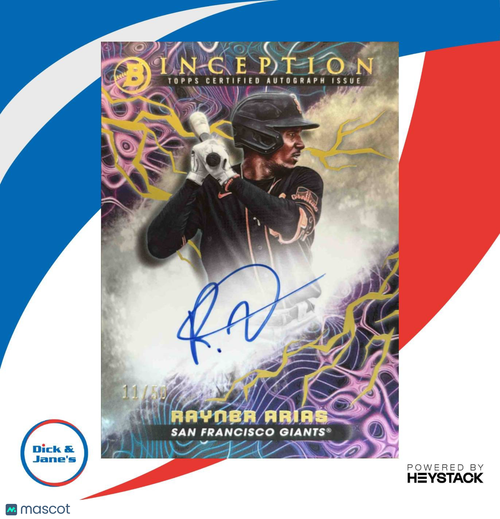 2023 Inception Rayner Arias Primordial Prospects Auto Gold Electricity/50 Giants - Sports Cards