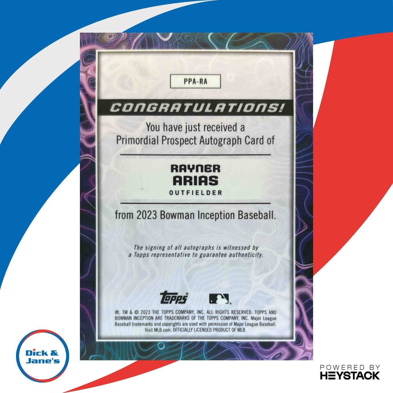 2023 Inception Rayner Arias Primordial Prospects Auto Gold Electricity/50 Giants - Sports Cards