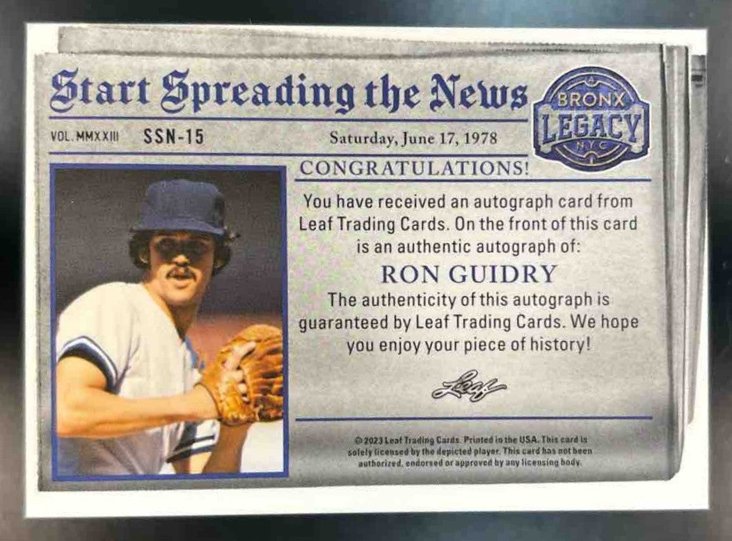 2023 Leaf Bronx Legacy ’Start Spreading The News’ Auto /4 Ron Guidry ’18 Halos’ - Sports Cards