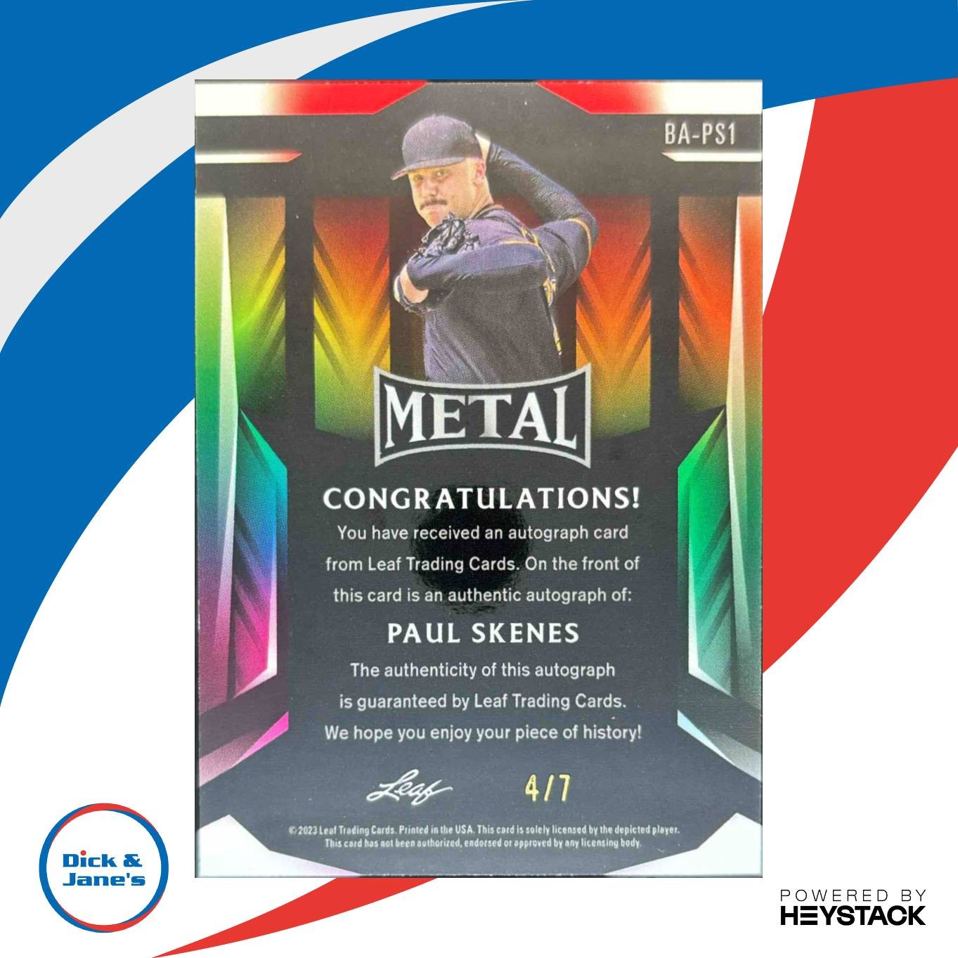 2023 Leaf Metal Paul Skenes Auto Purple Wave /7 BA-PS1 Pittsburgh Pirates Rookie - Sports Cards