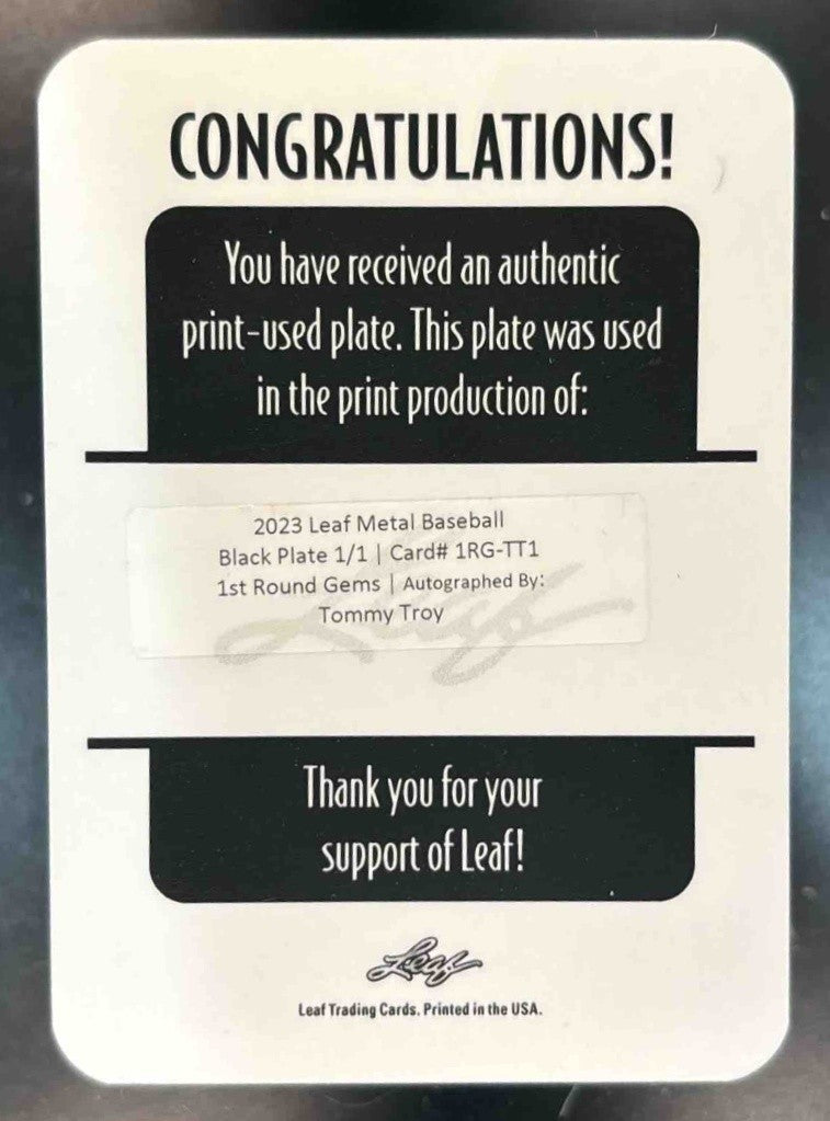 2023 Leaf Metal Tommy Troy 1st Prospect Round Gems Auto Black Printing Plate 1/1 - Sports Cards