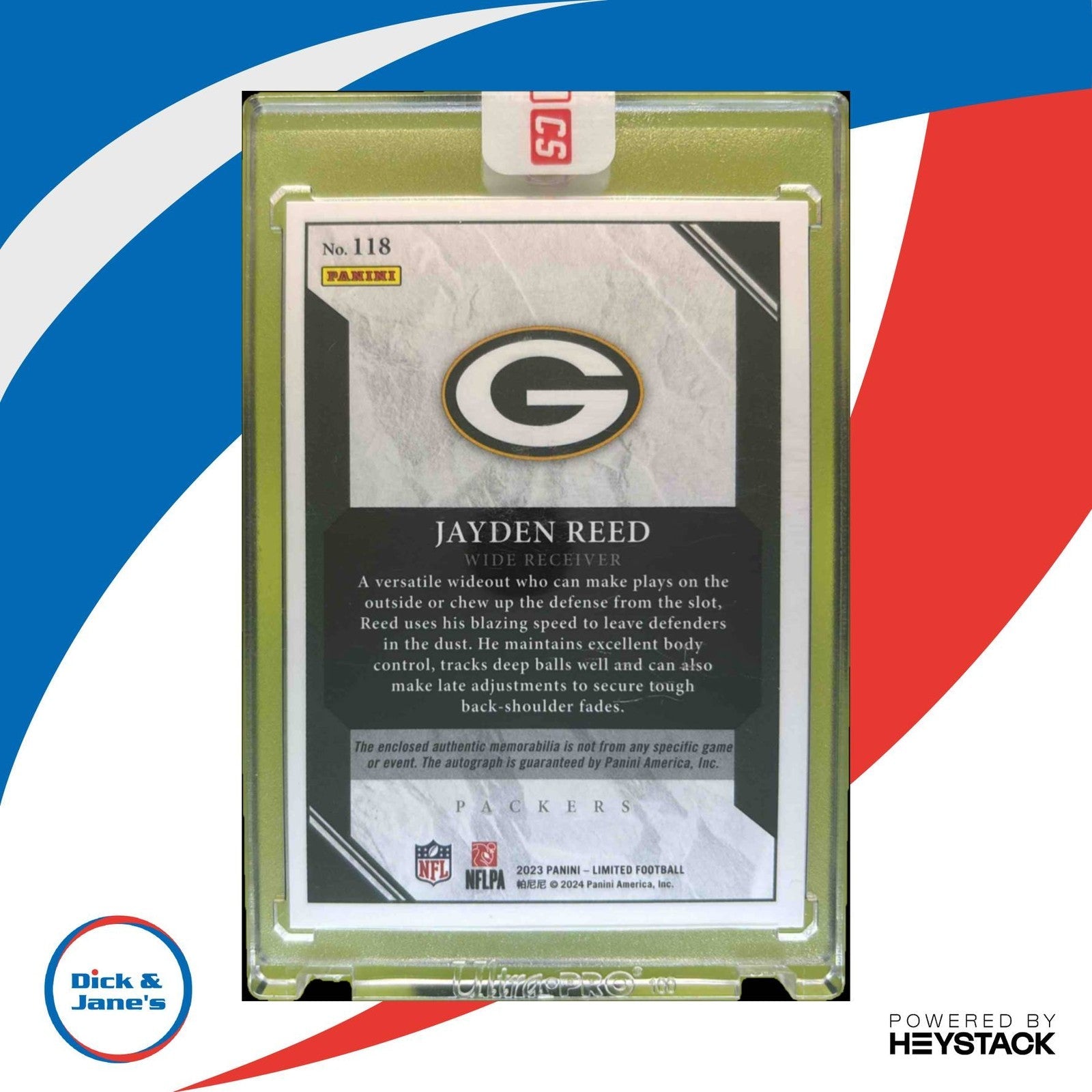 2023 Limited Jayden Reed Gold Spotlight 36/75 #118 MEM Auto RC Green Bay Packers - Sports Cards