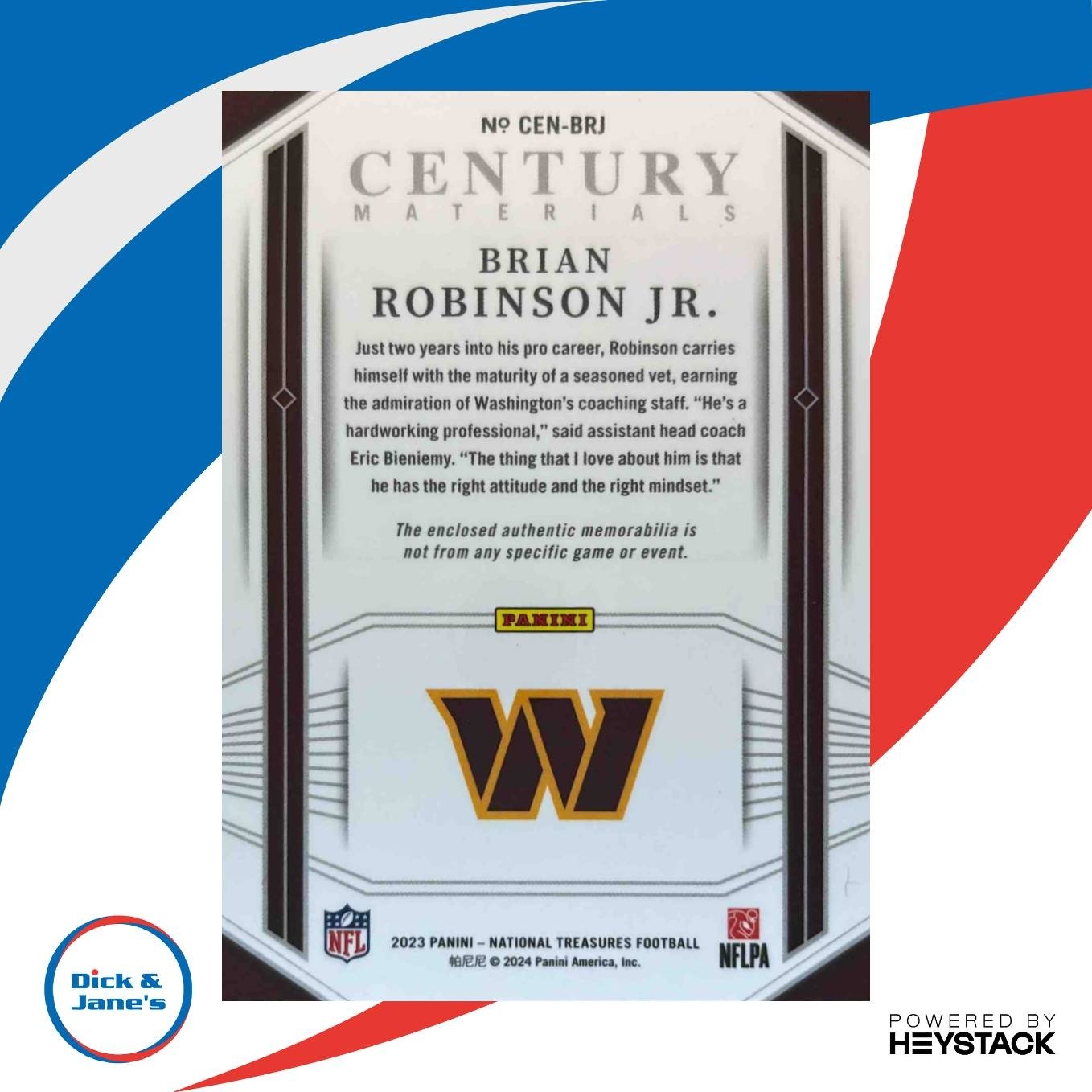 2023 National Treasures Brian Robinson Jr. Century Materials 46/99 Commanders - Sports Cards