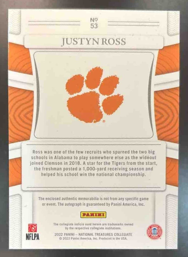 2023 National Treasures Collegiate Justyn Ross Patch Auto /99 MEM Clemson Tigers - Sports Cards