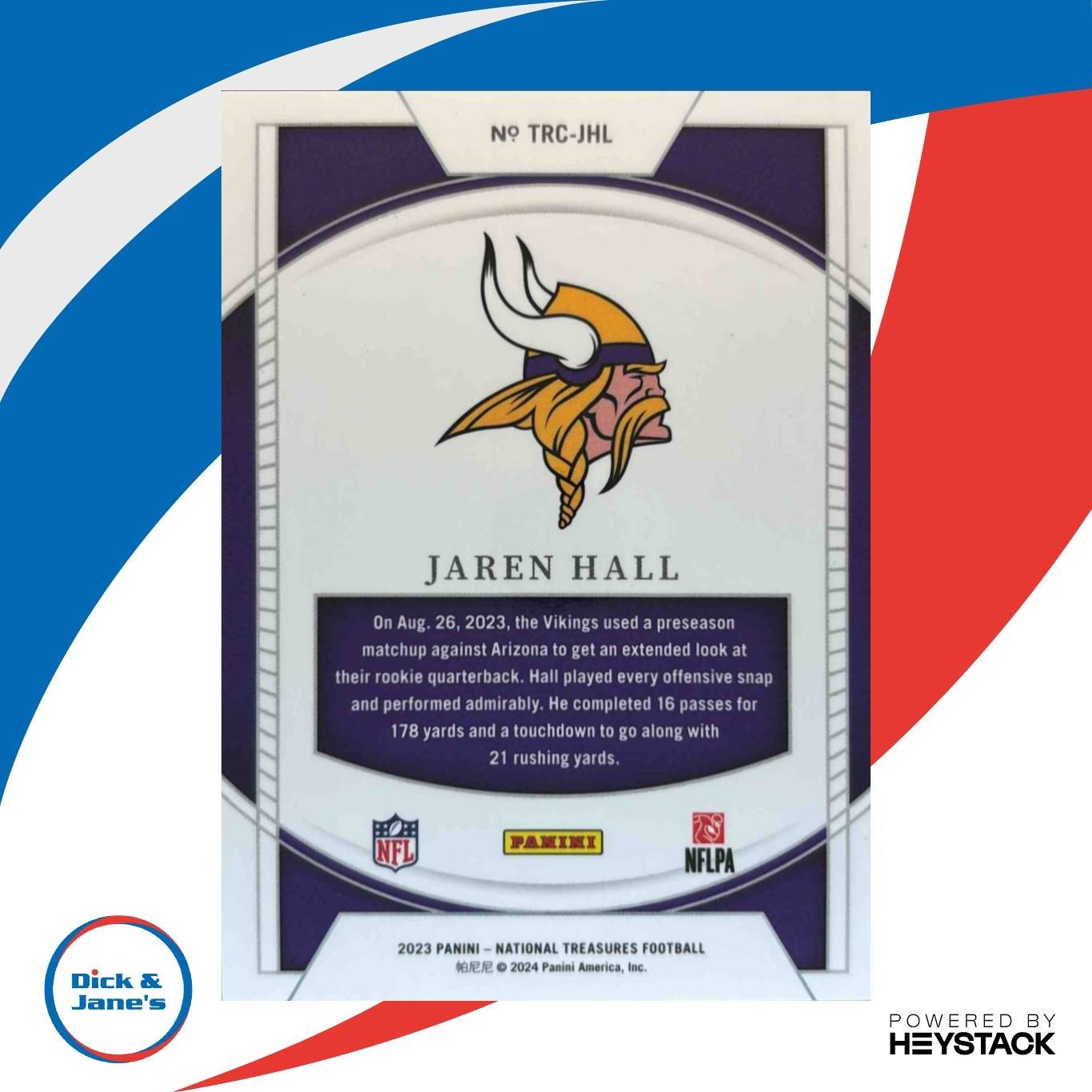 2023 National Treasures Jaren Hall Treasured Rookies Holo Silver /25 Vikings - Sports Cards