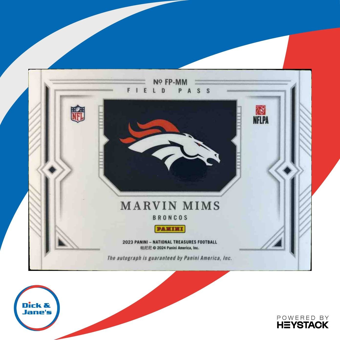 2023 National Treasures Marvin Mims Field Pass Auto Silver /10 Denver Broncos - Sports Cards