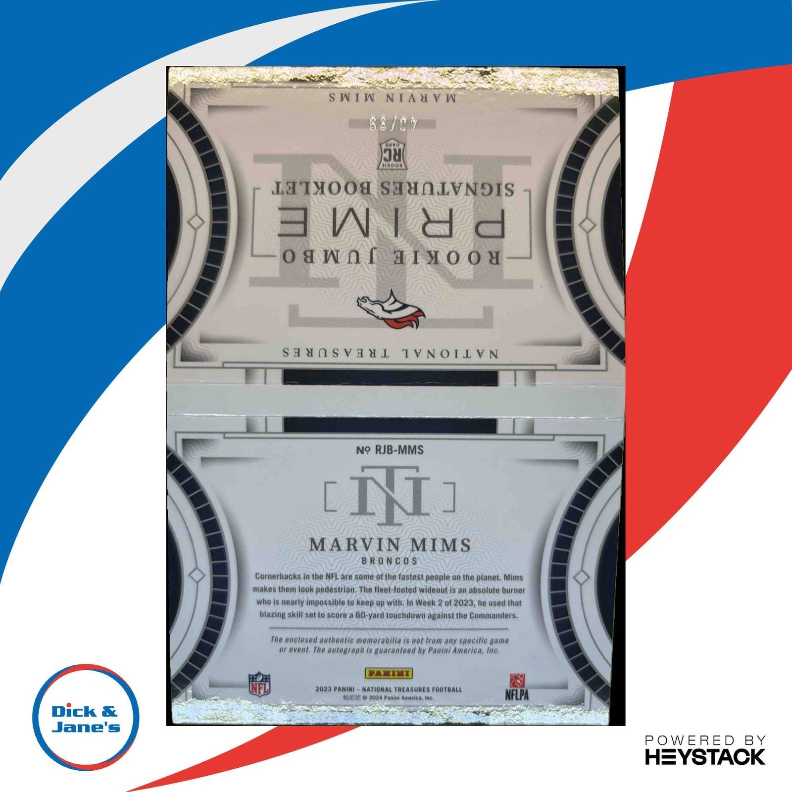 2023 National Treasures Marvin Mims Rookie Jumbo Prime Signatures Booklet 49/99 - Sports Cards