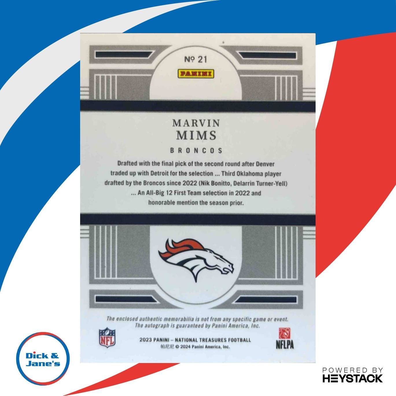 2023 National Treasures Marvin Mims Rookie Material Signatures /99 #21 Broncos - Sports Cards