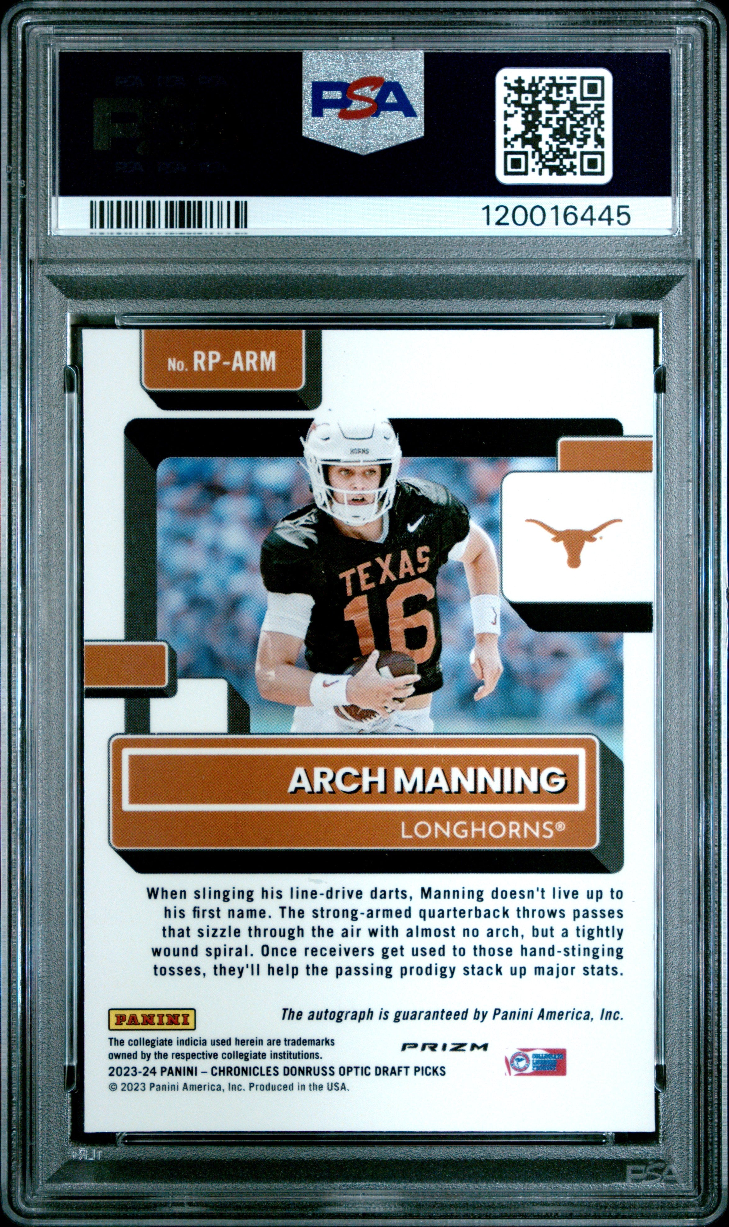 2023 National Treasures Optic Rated Prospect Auto Arch Manning #RPARM PSA 9 - Graded Sports Cards