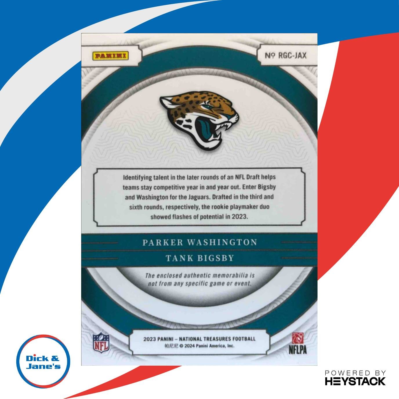 2023 National Treasures Parker Washington Bigsby Rookie NFL Gear Combo Holo /25 - Sports Cards