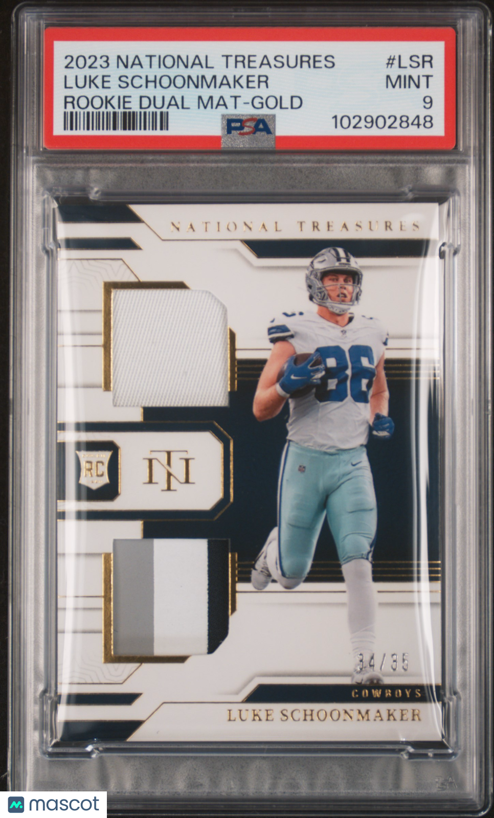 2023 National Treasures Rookie Dual Materials Luke Schoonmaker Gold 34/35 PSA 9 - Graded Sports Cards