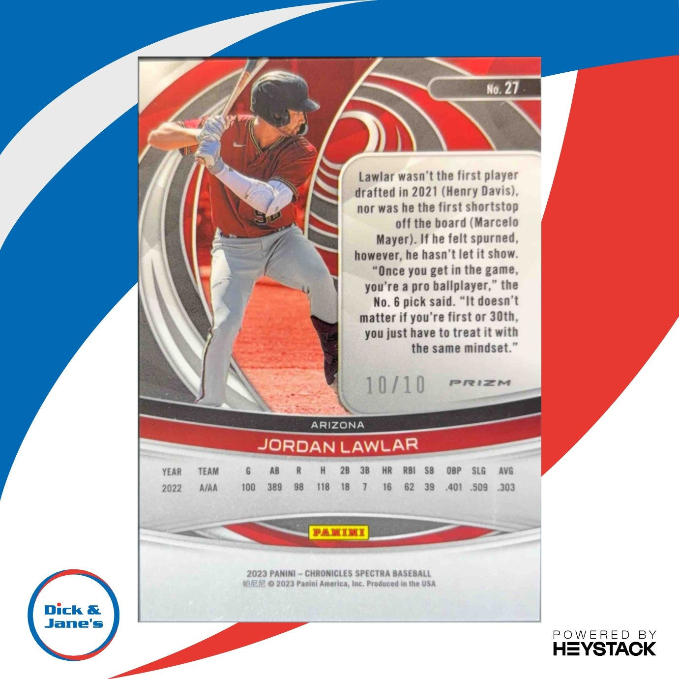 2023 Panini Chronicles Jordan Lawlar Spectra Gold 10/10 #27 Arizona Diamondbacks - Sports Cards