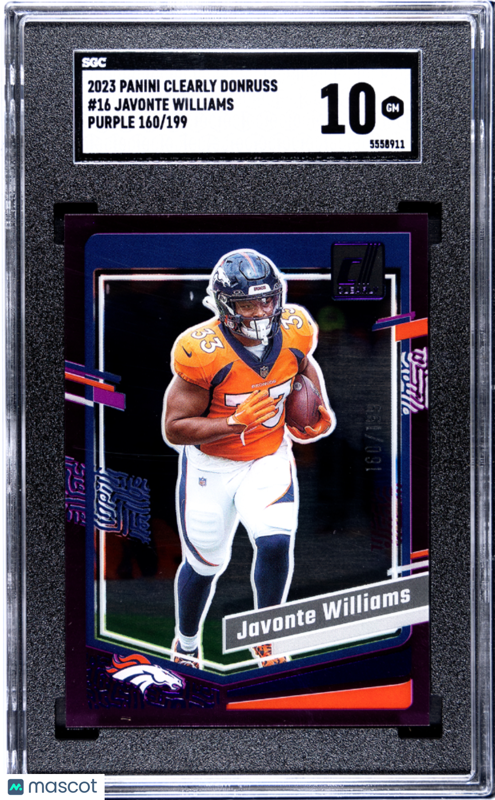 2023 Panini Clearly Donruss Javonte Williams Purple #16 SGC 10 Denver Broncos - Graded Sports Cards