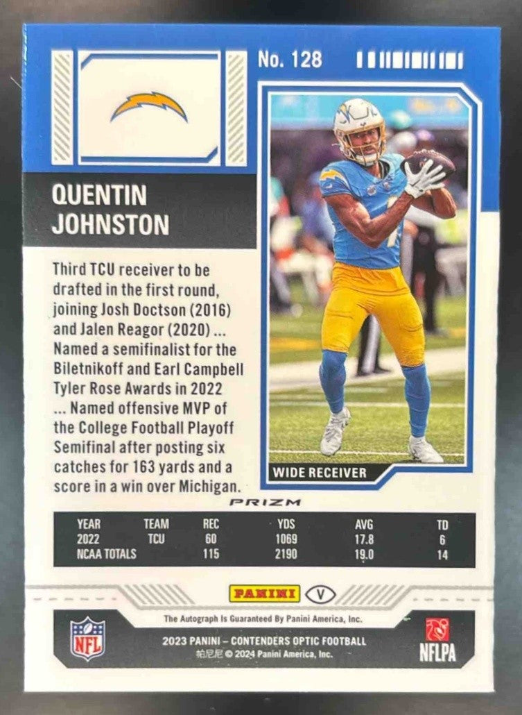 2023 Panini Contender Optic Quentin Johnston #128b Rookie Ticket Auto RC Charger - Sports Cards
