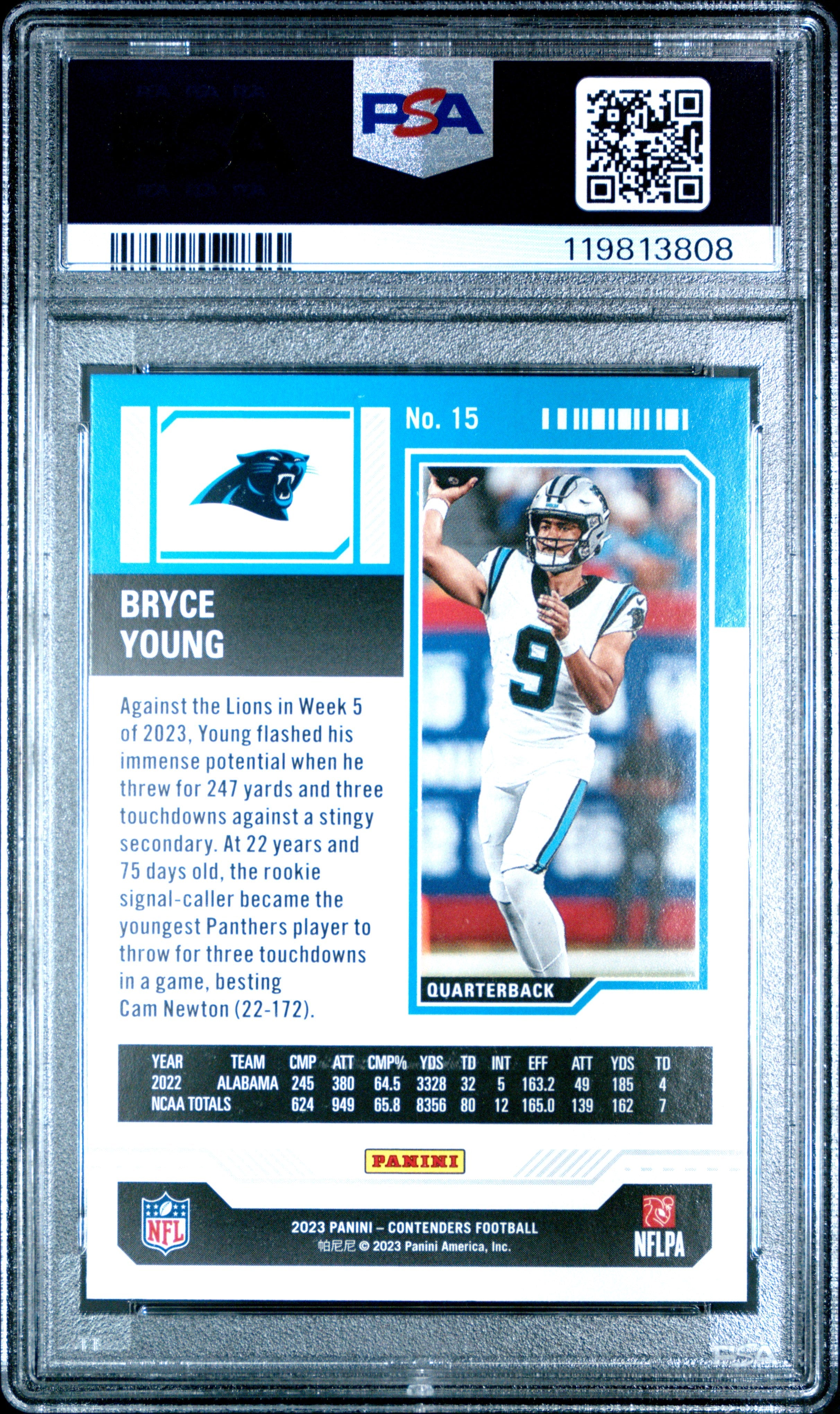 2023 Panini Contenders Bryce Young Rookie #15 PSA 10 Carolina Panthers - Graded Sports Cards