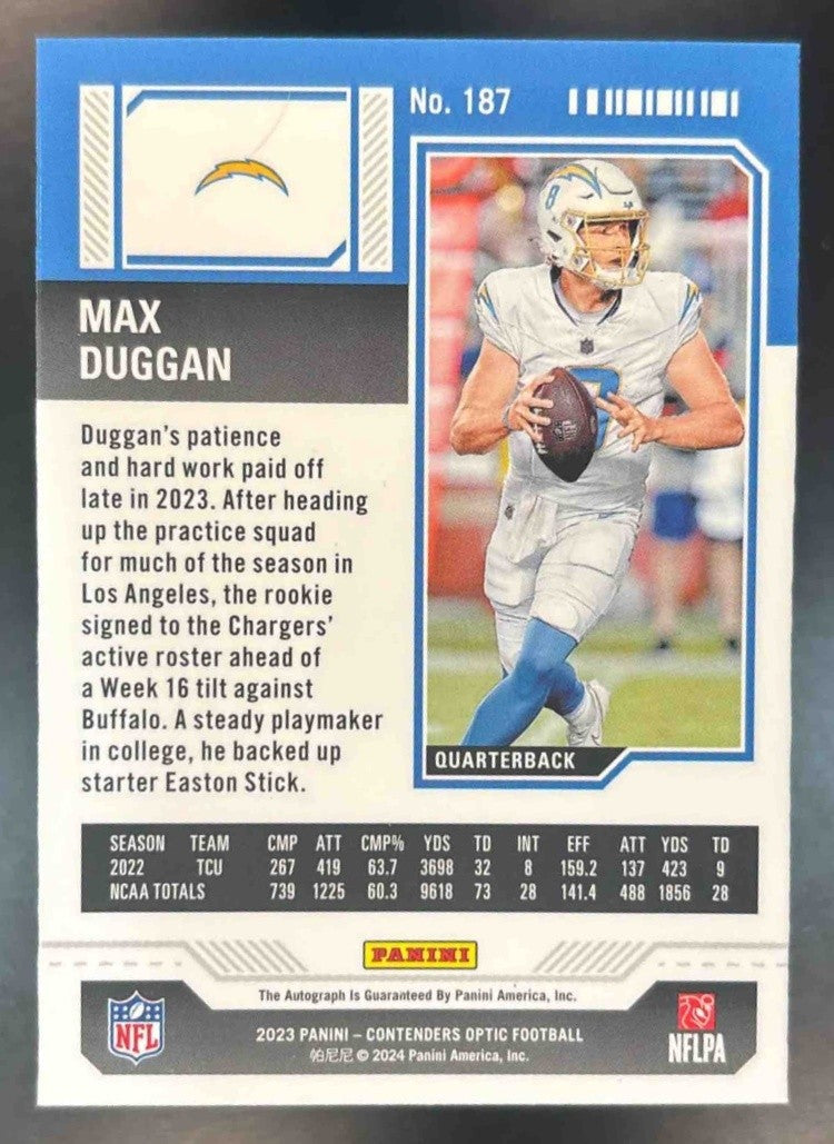 2023 Panini Contenders Optic Max Duggan #187 Auto RC Rookie Ticket Chargers - Sports Cards