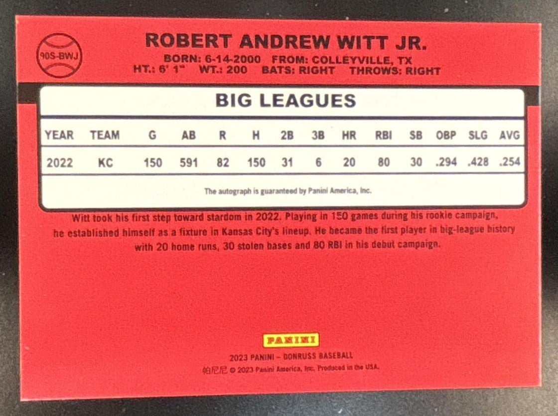 2023 Panini Donruss Bobby Witt Jr. Retro 1990 Signatures Holo Auto Royals - Sports Cards