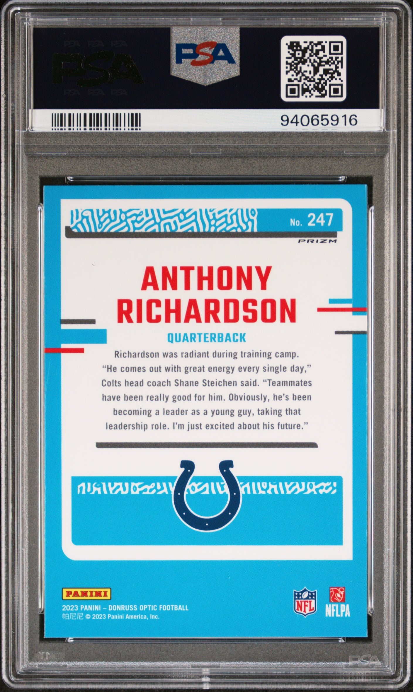 2023 Panini Donruss Optic Anthony Richardson Purple Shock #247 PSA 10 GEM MINT - Graded Sports Cards