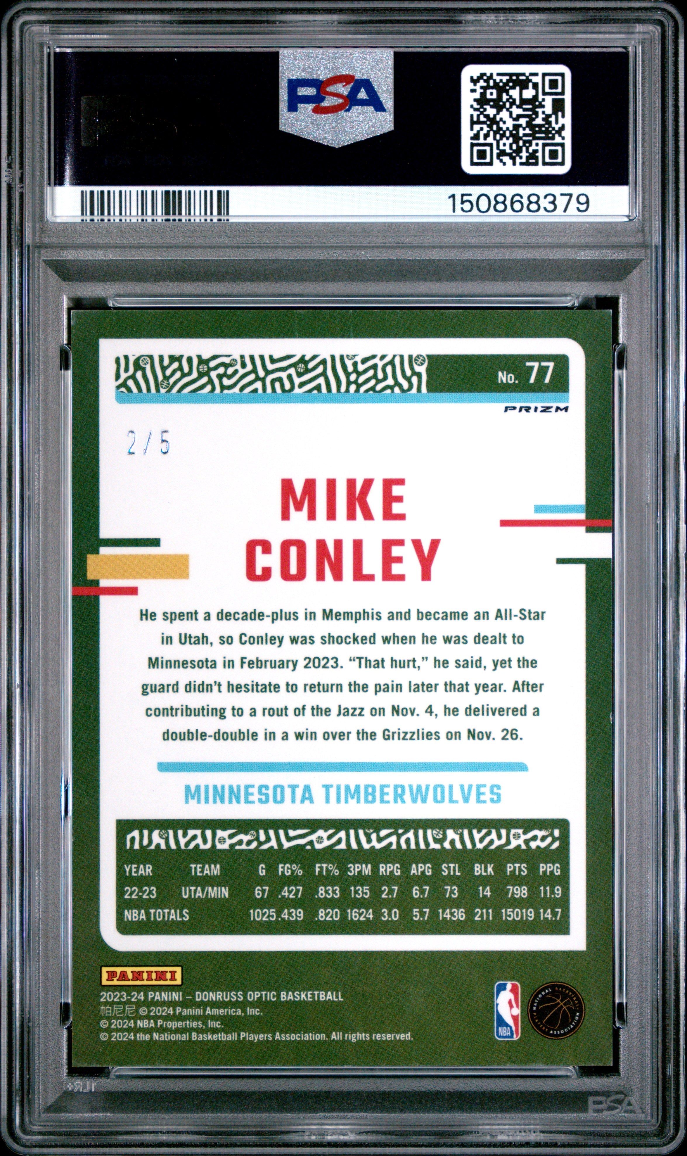 2023 Panini Donruss Optic Mike Conley Fast Break Neon Green #77 PSA 8 - Graded Sports Cards