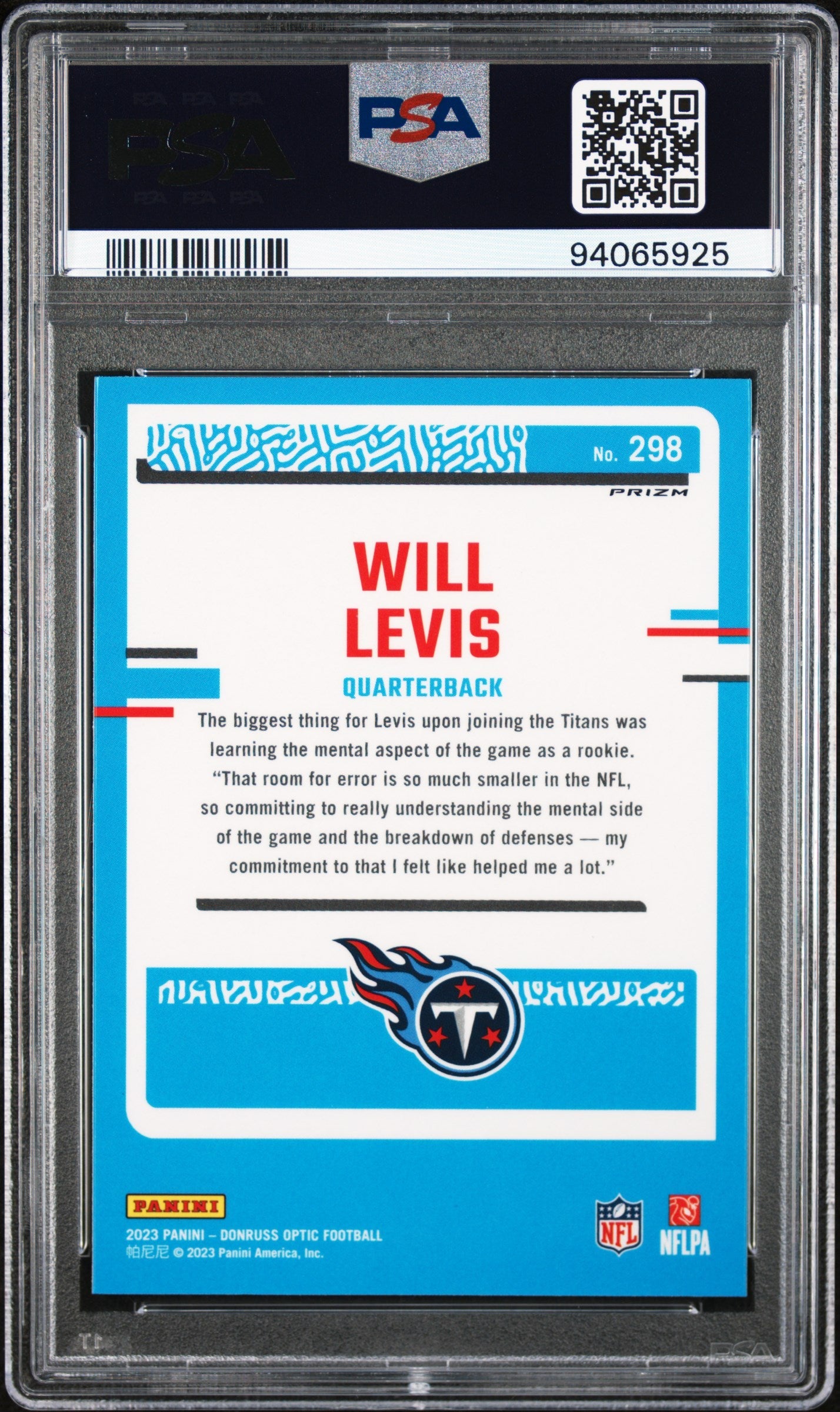 2023 Panini Donruss Optic Will Levis Purple Shock #298 PSA 10 - Graded Sports Cards
