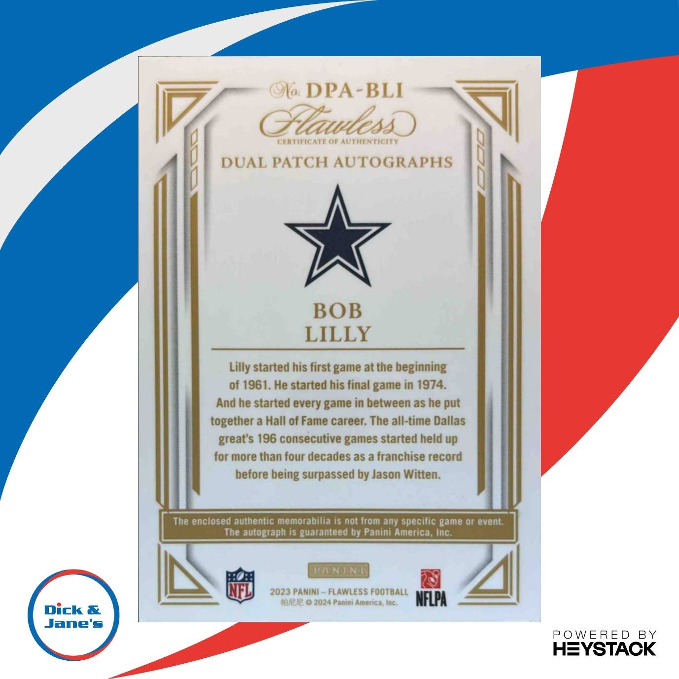 2023 Panini Flawless Bob Lilly Dual Patch Auto 8/25 #DPA-BLI MEM Dallas Cowboys - Sports Cards