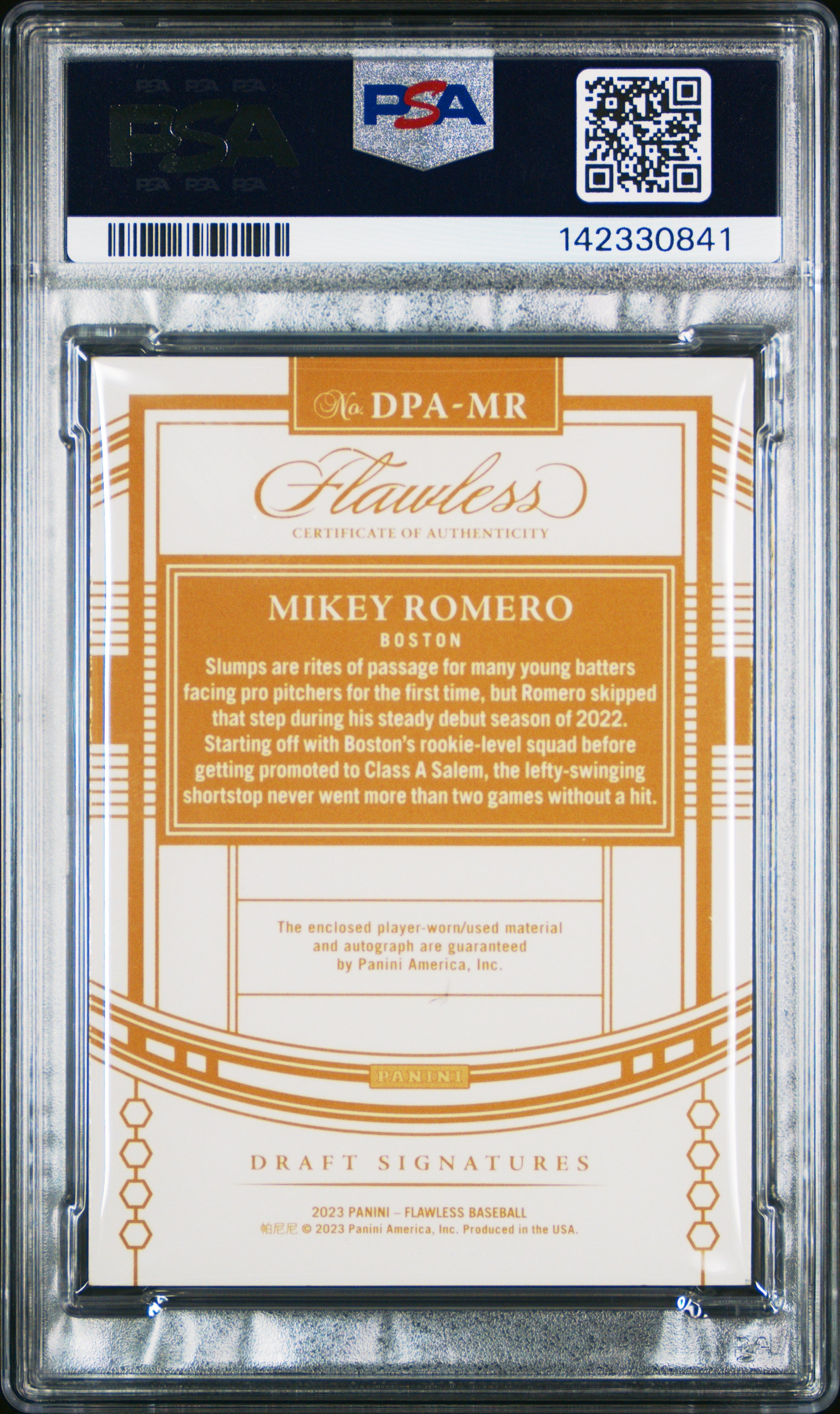 2023 Panini Flawless Draft Patch Autographs Mikey Romero 22/25 #DPAMR PSA 6 - Graded Sports Cards