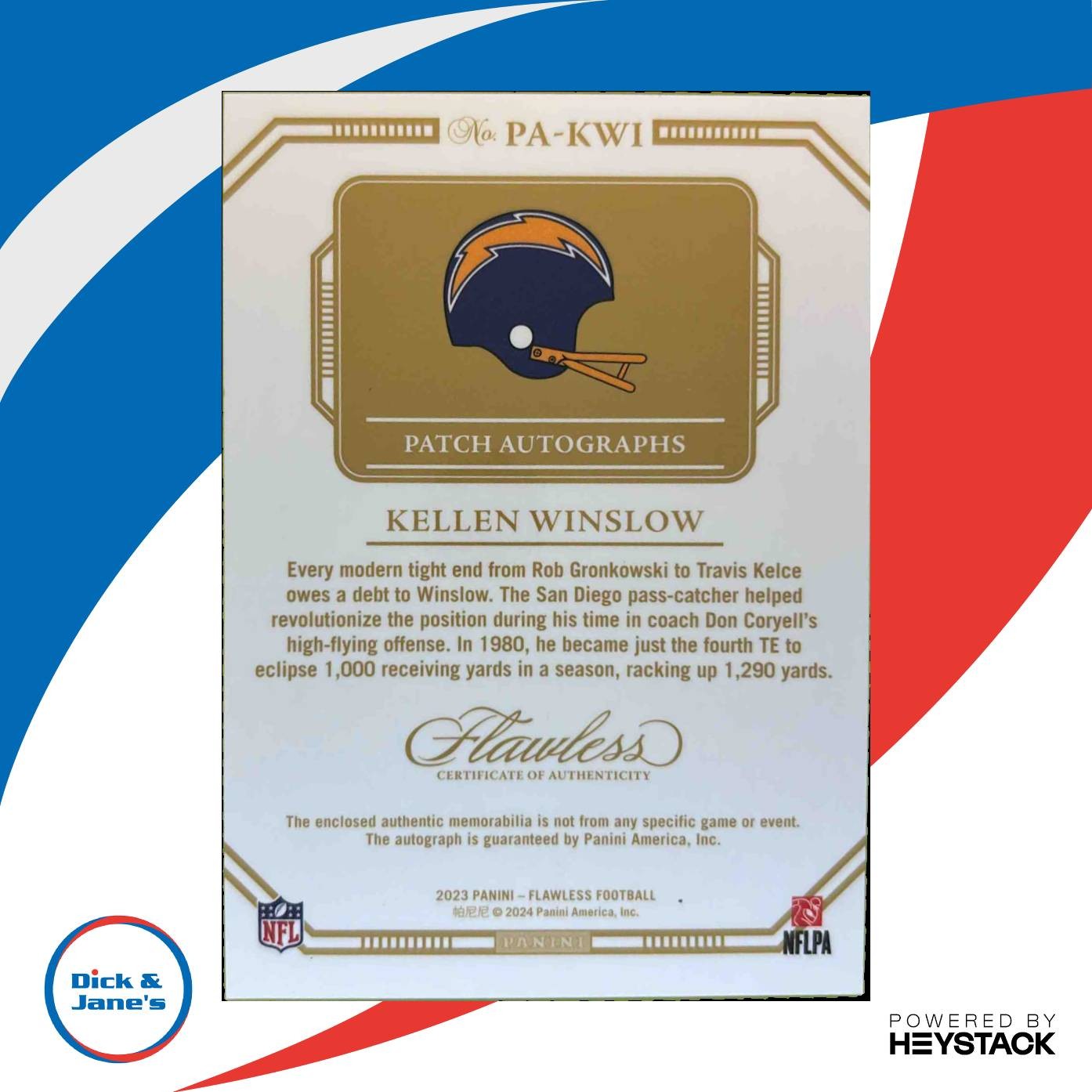 2023 Panini Flawless Kellen Winslow Patch Auto 03/25 San Diego Chargers - Sports Cards