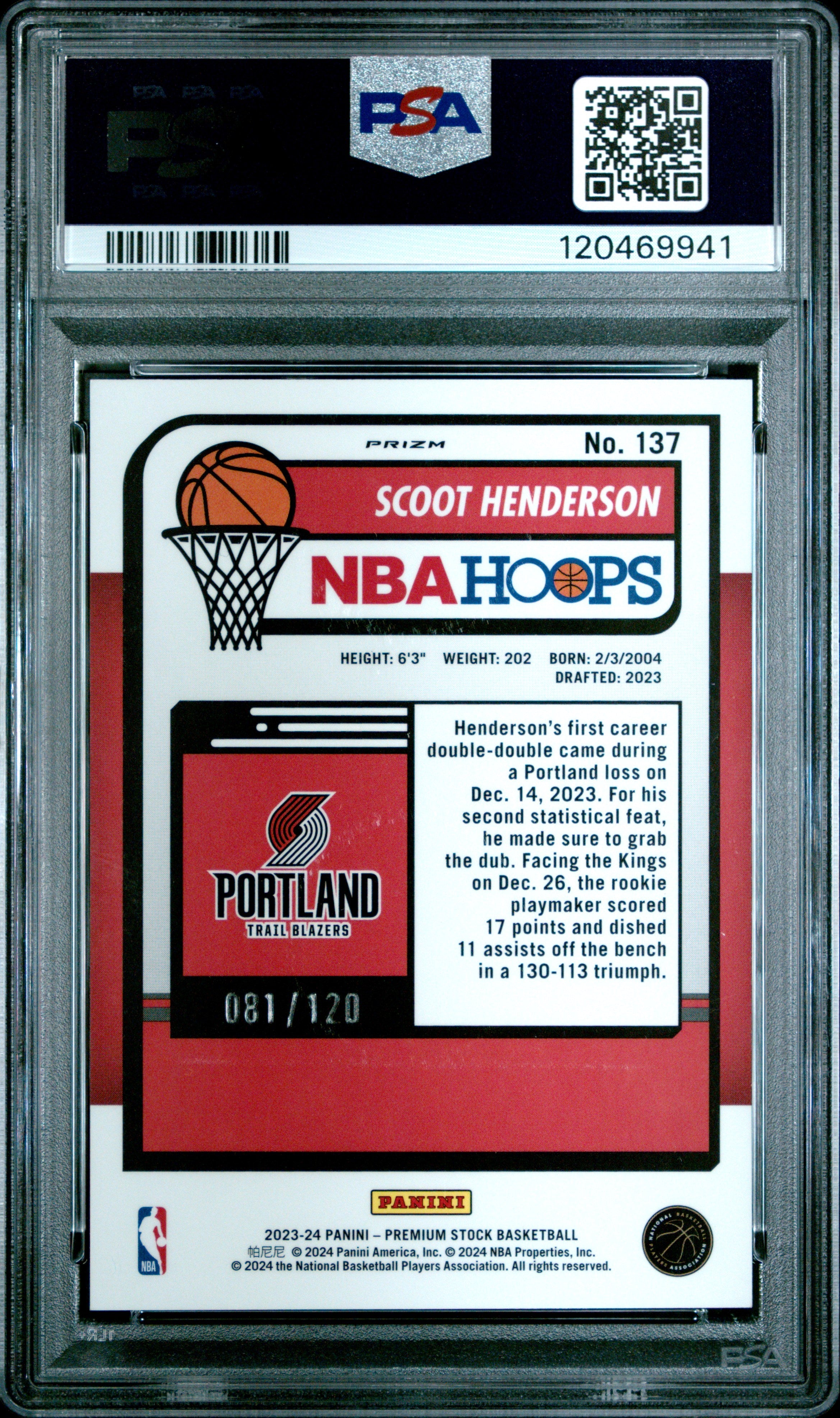 2023 Panini Hoops Premium Stock Scoot Henderson Blue Prizm #137 PSA 10 /120 - Graded Sports Cards